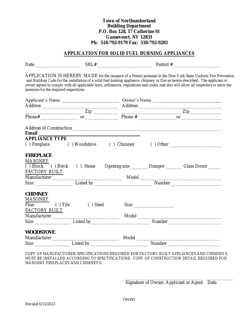 First page of the Application for Solid Fuel Burning Appliances