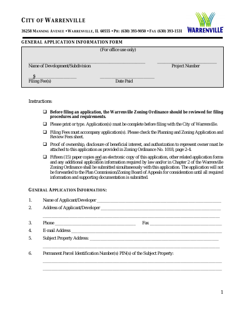 First page of the Plan Commission and Zoning Board of Appeals General Application