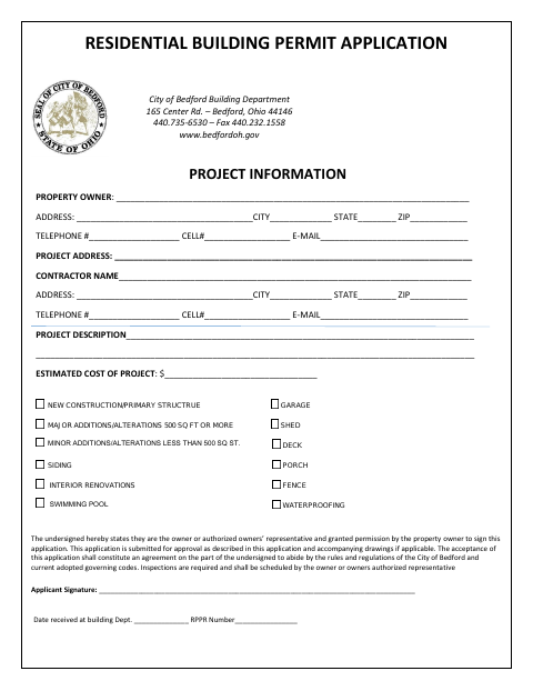 First page of the Residential Building Permit Application