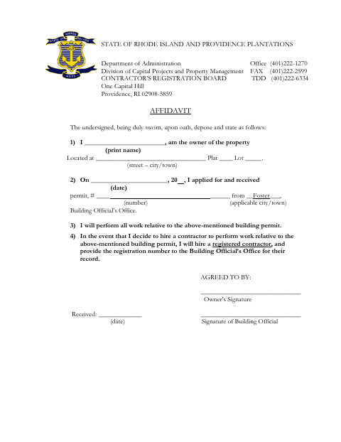 First page of the Homeowners Performing Work Affidavit