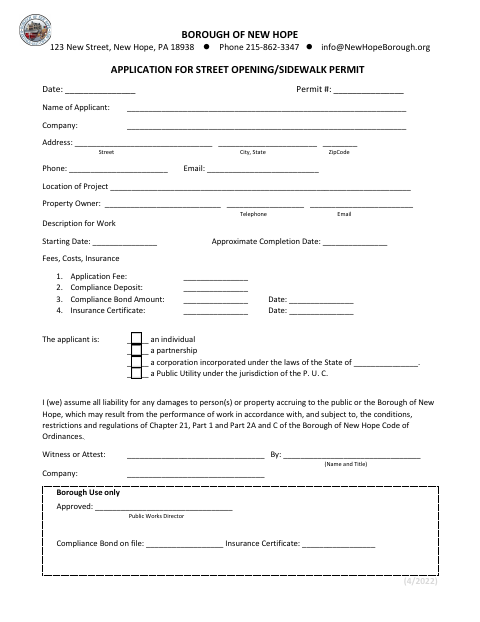First page of the Street Opening/Sidewalk Permit Application