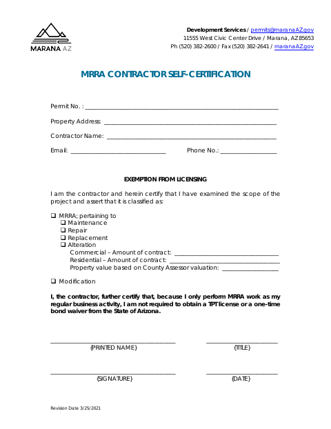 First page of the MRRA Contractor Self-Certification