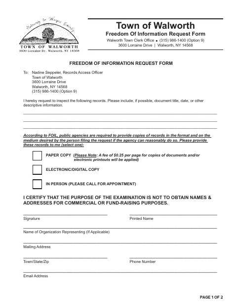 First page of the Freedom of Information Request Form