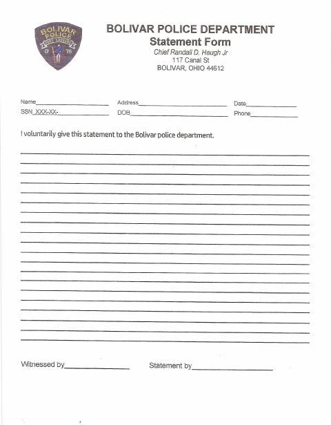 First page of the Bolivar Police Department Statement Form