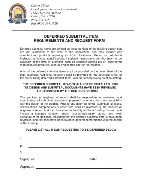 First page of the Deferred Submittal Item Requirements and Request Form