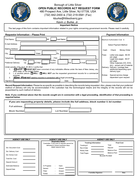 First page of the Open Public Records Act Request Form