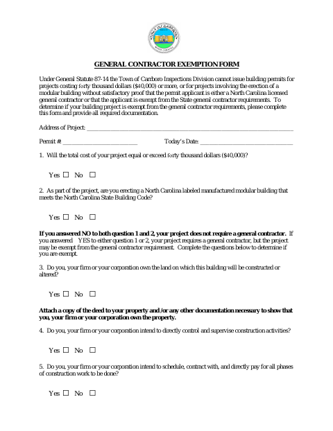 First page of the General Contractor Exemption Form