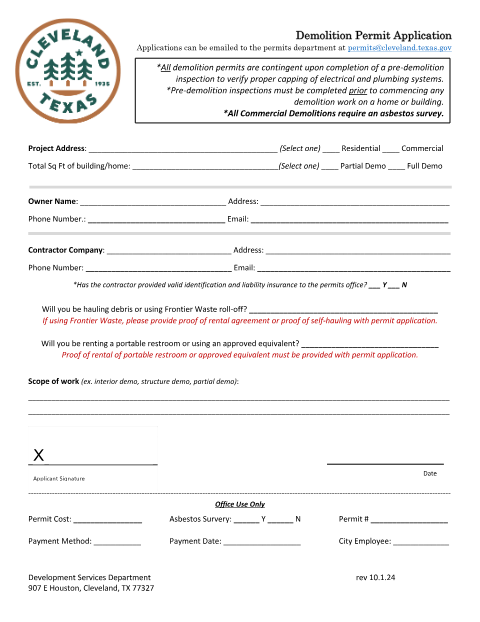 First page of the Demolition Permit Application