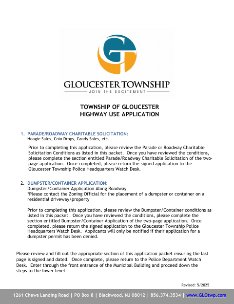 First page of the Highway Use Application