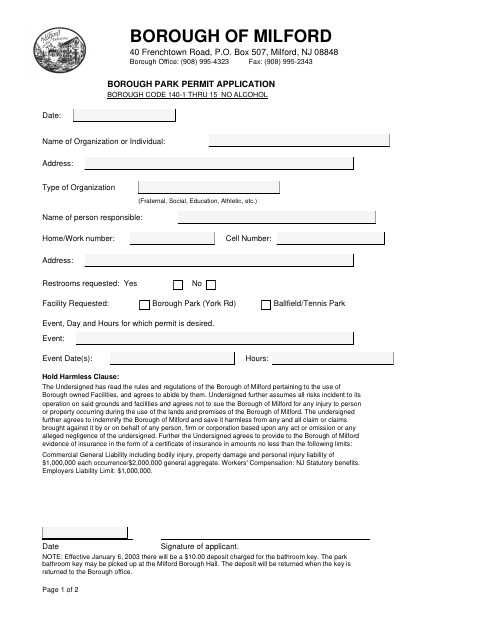 First page of the Borough Park Permit Application