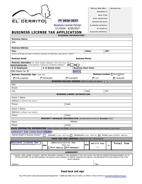 First page of the Business License Tax Application