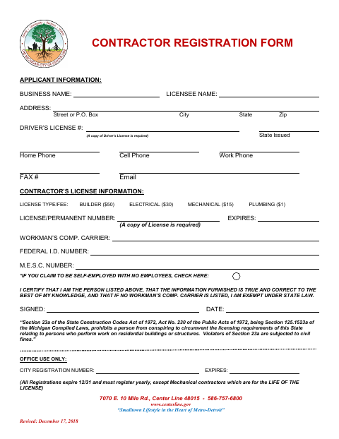 First page of the Contractor Registration Form