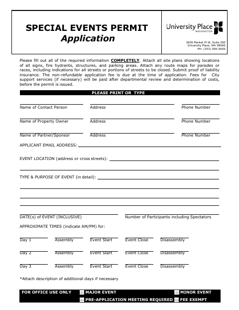 First page of the Special Events Permit Application