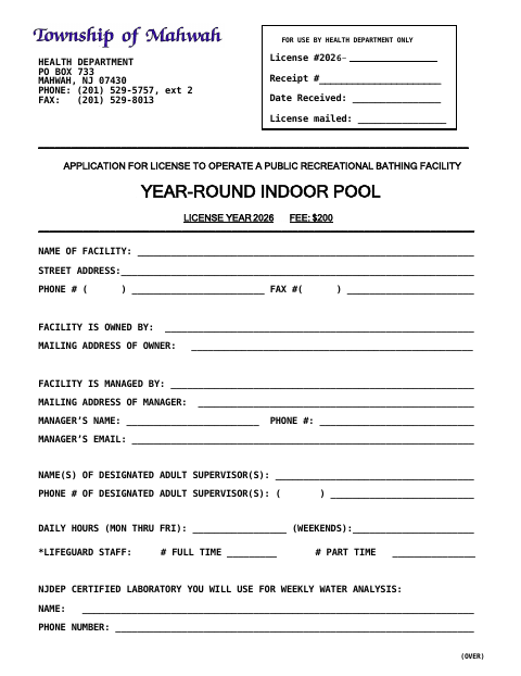 First page of the Application For License To Operate A Public Recreational Bathing Facility Year-Round Indoor Pool