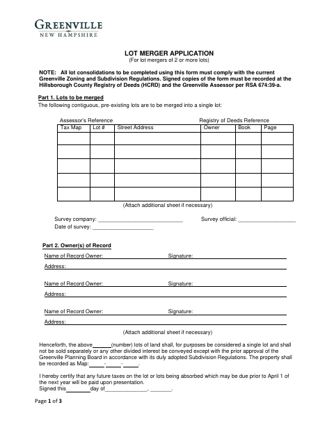 First page of the Lot Merger Application