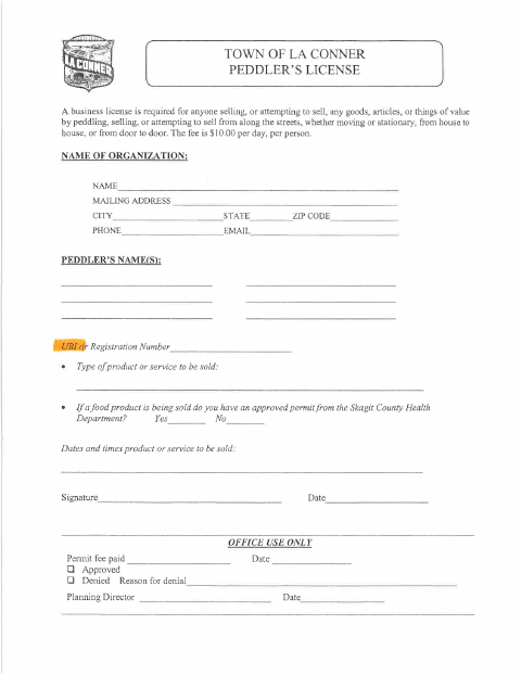 First page of the Peddler’s License Application