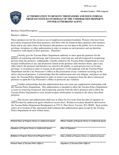 First page of the Authorization to Remove Trespasser Form
