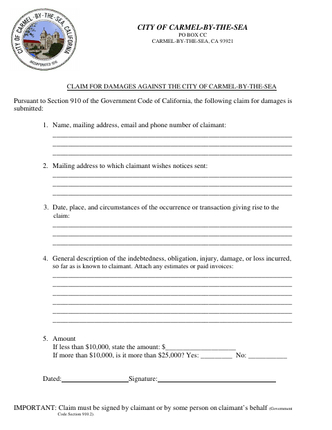 First page of the Claim For Damages Against The City