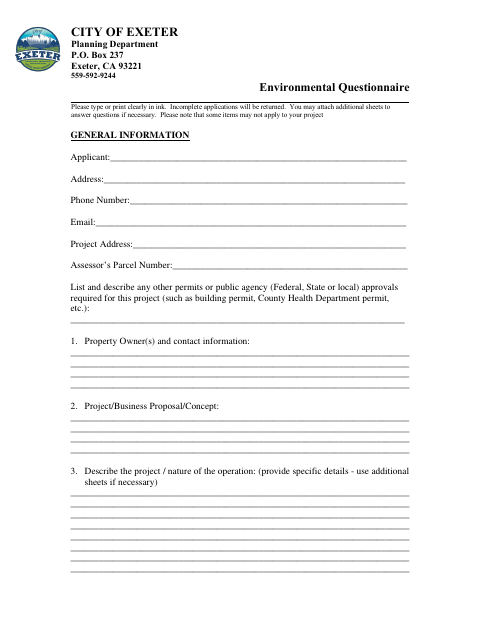 First page of the Environmental Questionnaire