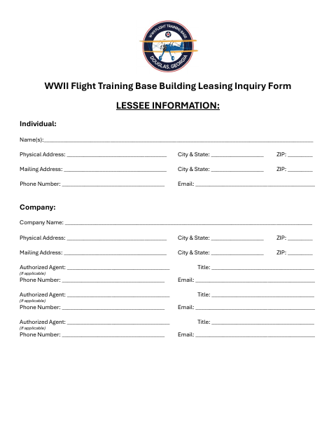 First page of the WWII Flight Training Base Building Leasing Inquiry Form