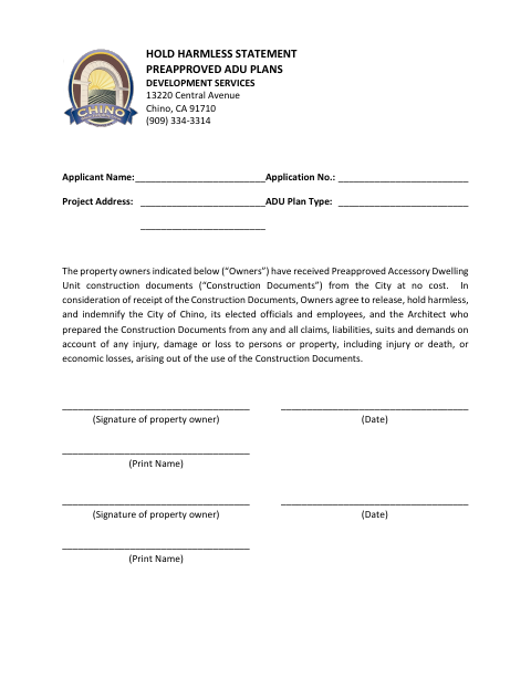 First page of the Preapproved ADU Program Hold Harmless Statement