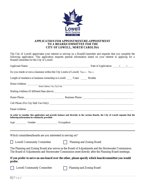 First page of the Application for Appointment or Re-Appointment to a Board or Committee