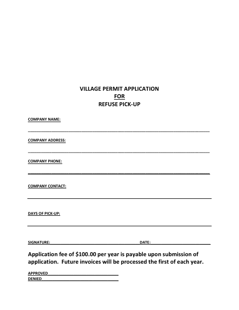 First page of the Village Permit Application for Refuse Pick-Up Company