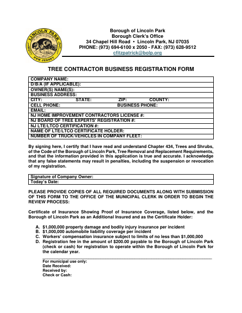 First page of the Tree Contractor Business Registration Form