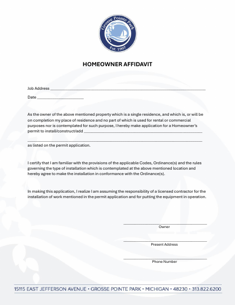 First page of the Homeowner Affidavit for Permits
