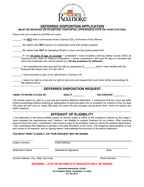 First page of the Deferred Disposition Application