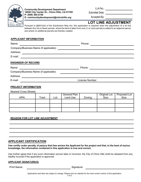 First page of the Lot Line Adjustment Application