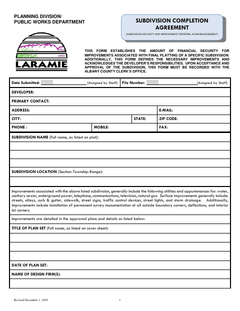 First page of the Subdivision Completion Agreement