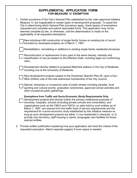 First page of the Supplemental Application Form for Measure ‘U’ Exemption