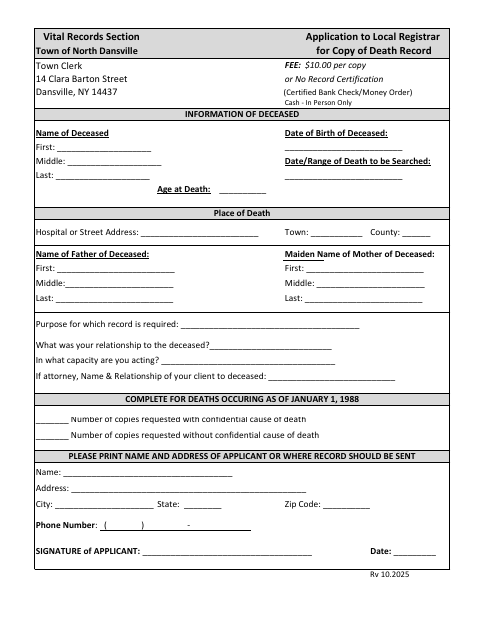 First page of the Application to Local Registrar for Copy of Death Record