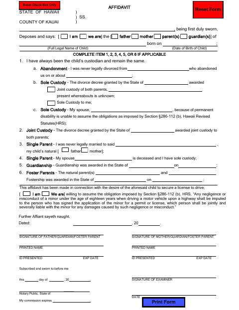 First page of the Minor Affidavit