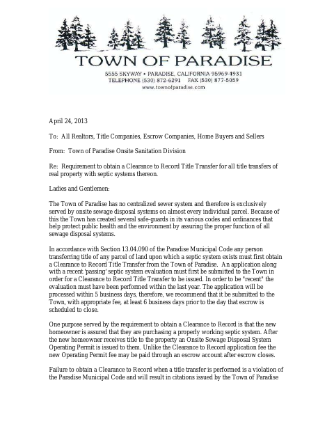 First page of the Clearance to Record Title Transfer Application