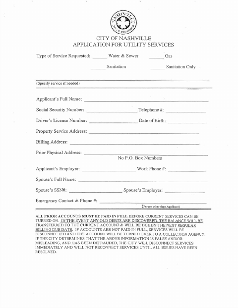 First page of the Application for Utility Services