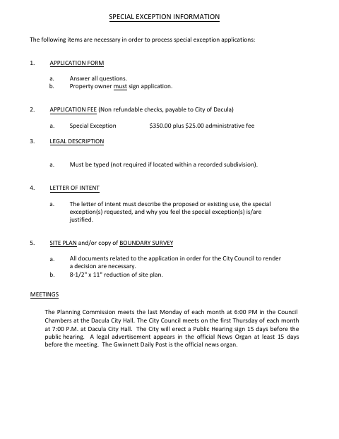 First page of the Special Exception Application