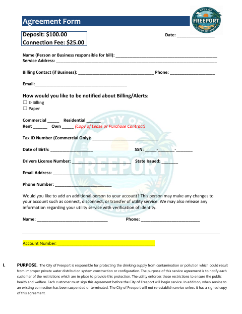 First page of the Water Service Agreement Form