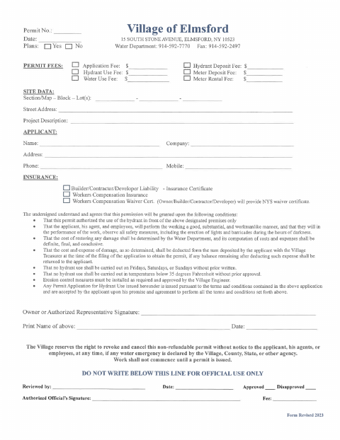 First page of the Hydrant Use Permit