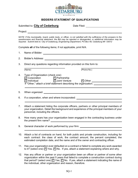 First page of the Bidders Statement of Qualifications