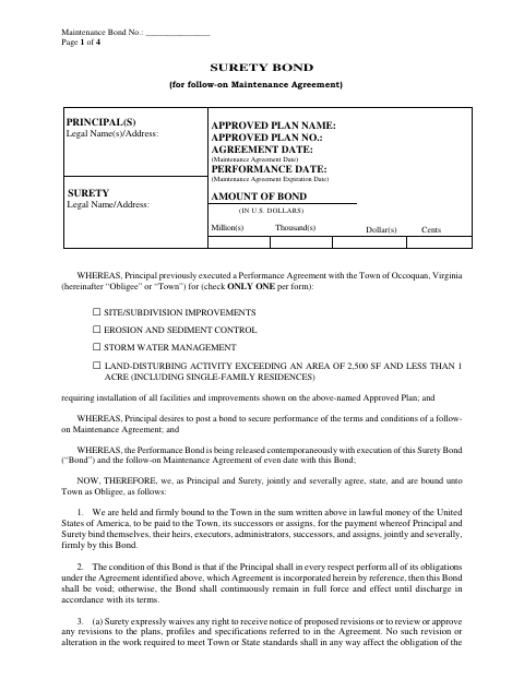 First page of the Surety Bond for Follow-On Maintenance Agreement