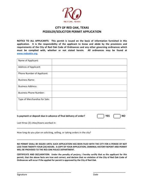 First page of the Peddler/Solicitor Permit Application