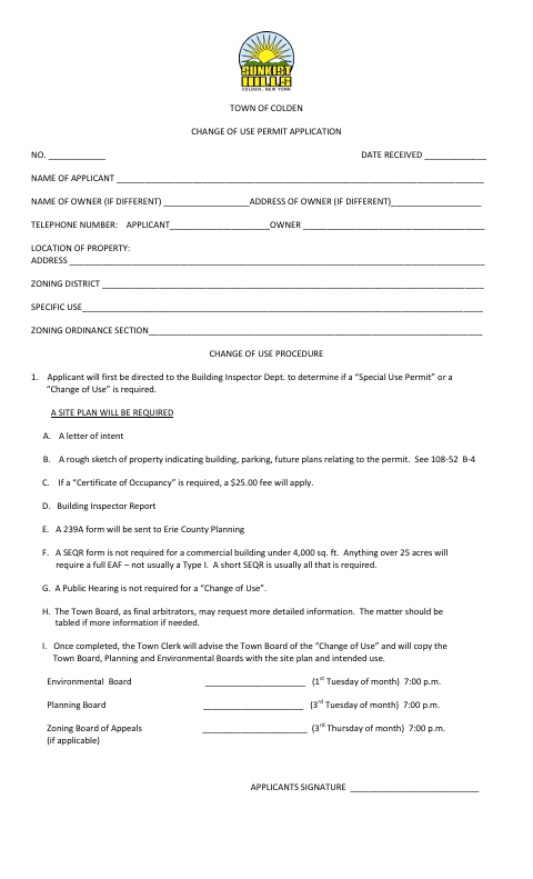 First page of the Change of Use Permit Application