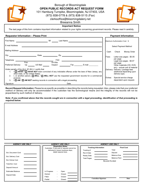 First page of the Open Public Records Act Request Form