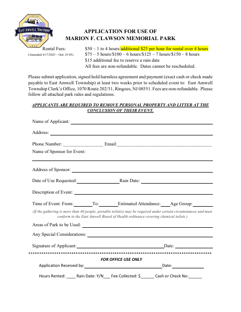 First page of the Application for Use of Marion F. Clawson Memorial Park