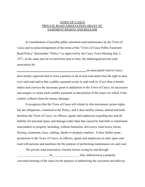 First page of the Private Road Association Grant Of Easement Rights And Release