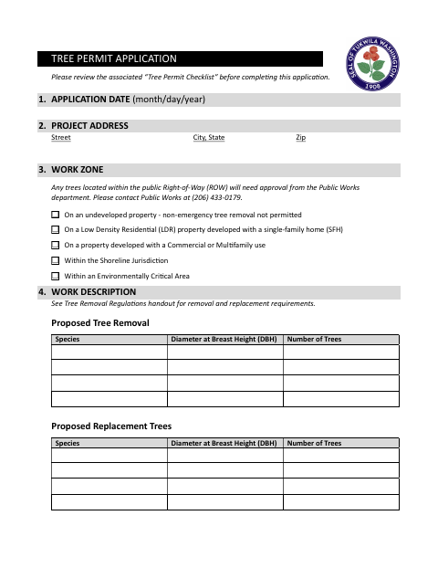 First page of the Tree Permit Application