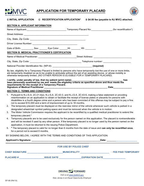 First page of the Application for Temporary Placard