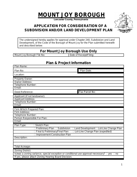 First page of the Application for Consideration of a Subdivision and/or Land Development Plan